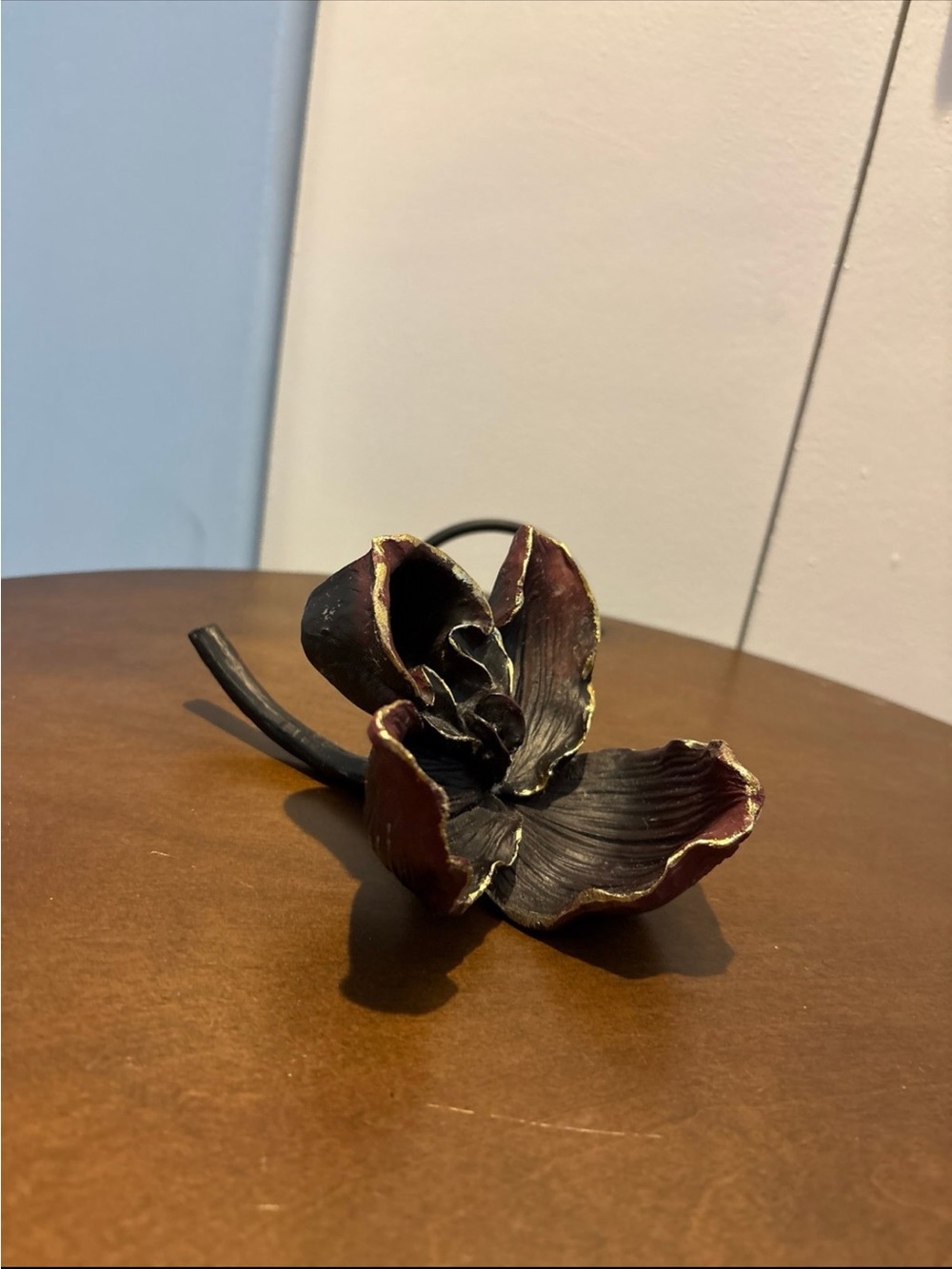 Decorative ceramic Orchid Sculpture - Black with Deep Wine Edges